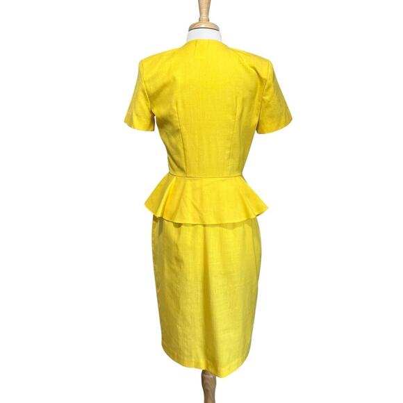 80s Apostrophe Sunflower Yellow Peplum Midi Dress Secretary Big Shoulder - Picture 5 of 6